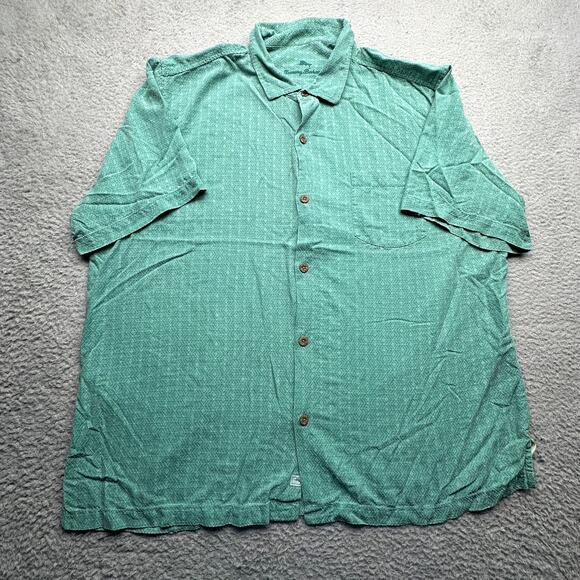 Tommy Bahama 100% Silk Textured Geometric Short Sleeve Shirt Mens XXL Green - Picture 1 of 12